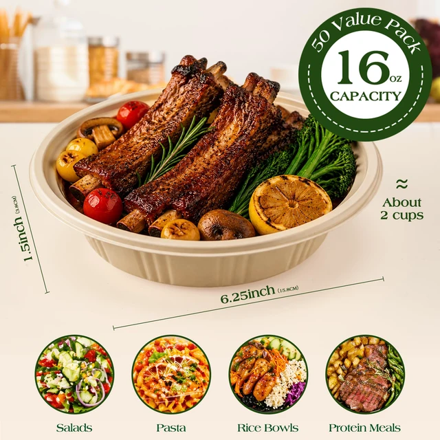 Alt view image 4 of 7 - 100 Piece (50 Pack) Meal Prep Bowl Containers with Lids, Cornstarch Round Food Containers for Lunch Salad Deli Soup, BPA Free Plant-based Take Out Containers Microwave & Freezer Safe, 16 oz