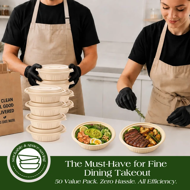 Alt view image 5 of 7 - 100 Piece (50 Pack) Meal Prep Bowl Containers with Lids, Cornstarch Round Food Containers for Lunch Salad Deli Soup, BPA Free Plant-based Take Out Containers Microwave & Freezer Safe, 16 oz