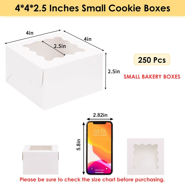 Alt view image 2 of 7 - 250pcs Small Cookie Boxes with Window, White Bakery Boxes, 4x4x2.5 Food-grade Treat Boxes, Dessert Boxes for Small Cookies, Treats, Desserts, Chocolate Covered Strawberries, Mini Cake