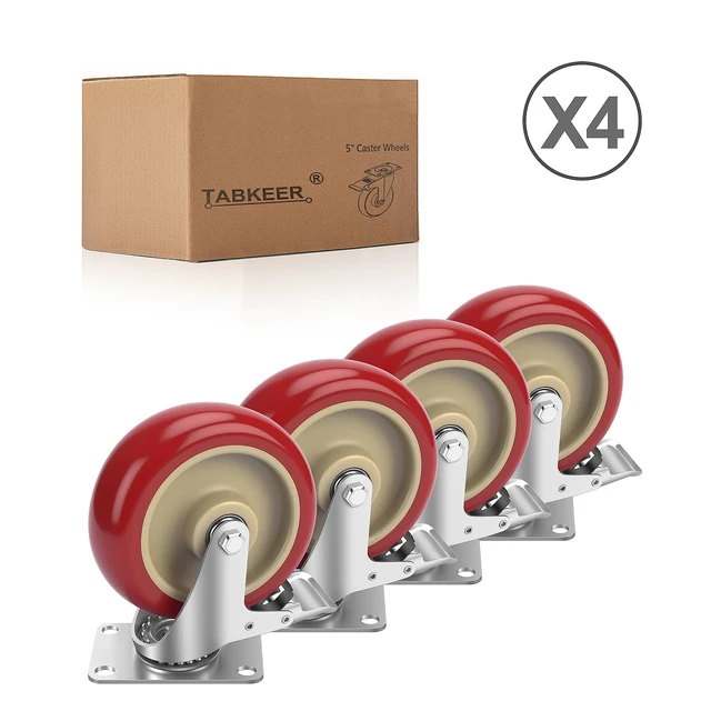 Alt view image 5 of 6 - 5 Inch Industrial Heavy Duty Swivel Caster Wheels with Brake,Set of 4 Safety Locking Casters,Load 2400lbs,Premium Polyurethane Wheels for Table,Trailer,Saw Table,Stage Toolbox,Bed,Corn Board