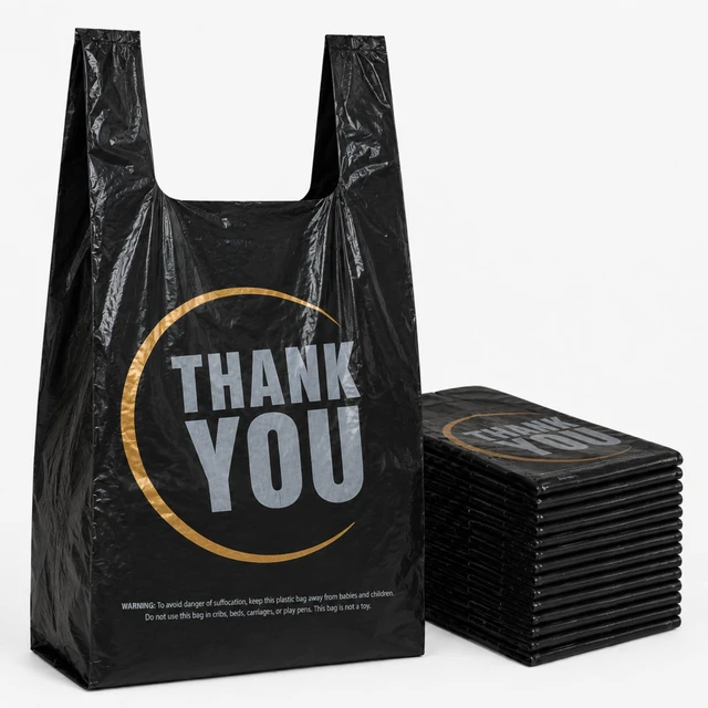 Main image of Black Thank you T shirt bag, Grocery shopping bag Reusable and Disposable Supermarket Bag 11''x6''x21'' 300PCS
