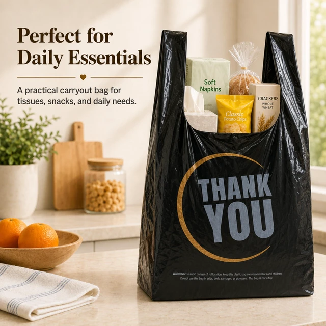 Alt view image 2 of 7 - Black Thank you T shirt bag, Grocery shopping bag Reusable and Disposable Supermarket Bag 11''x6''x21'' 300PCS
