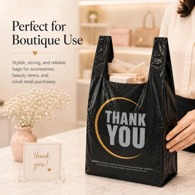 Alt view image 6 of 7 - Black Thank you T shirt bag, Grocery shopping bag Reusable and Disposable Supermarket Bag 11''x6''x21'' 300PCS