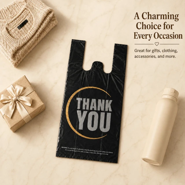 Alt view image 3 of 7 - Black Thank you T shirt bag, Grocery shopping bag Reusable and Disposable Supermarket Bag 11''x6''x21'' 300PCS