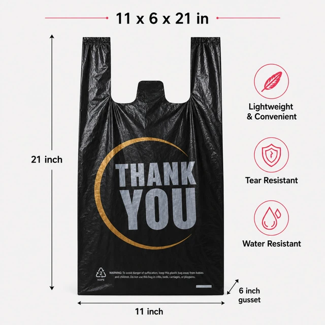 Alt view image 5 of 7 - Black Thank you T shirt bag, Grocery shopping bag Reusable and Disposable Supermarket Bag 11''x6''x21'' 300PCS