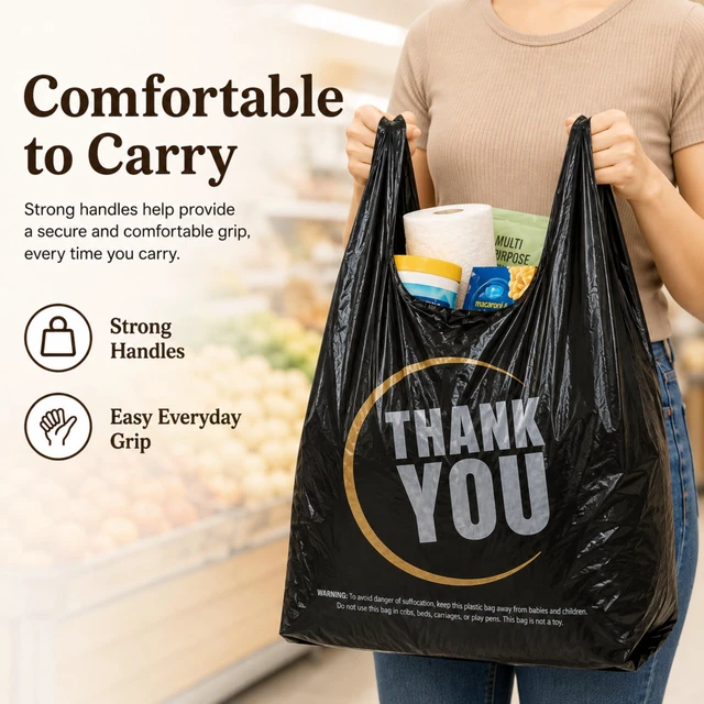 Alt view image 7 of 7 - Black Thank you T shirt bag, Grocery shopping bag Reusable and Disposable Supermarket Bag 11''x6''x21'' 300PCS