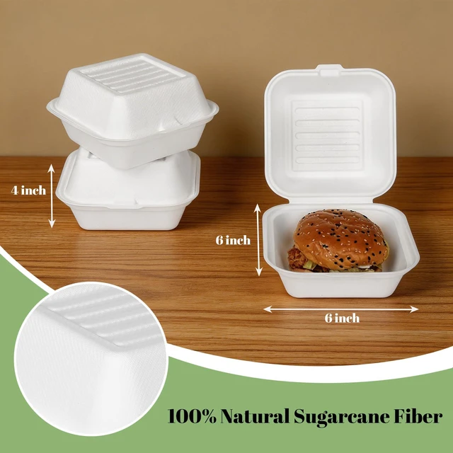 Alt view image 2 of 7 - 100 Pack 6×6 Inch White Compostable Bagasse Takeout Food Containers Small To Go Disposable Lunch Box, Eco-Friendly Biodegradable Clamshell Container with Lids, for Burger, Meals, Party, Picnic