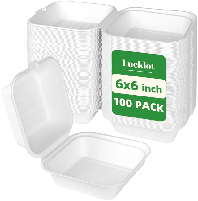 Main image of 100 Pack 6×6 Inch White Compostable Bagasse Takeout Food Containers Small To Go Disposable Lunch Box, Eco-Friendly Biodegradable Clamshell Container with Lids, for Burger, Meals, Party, Picnic
