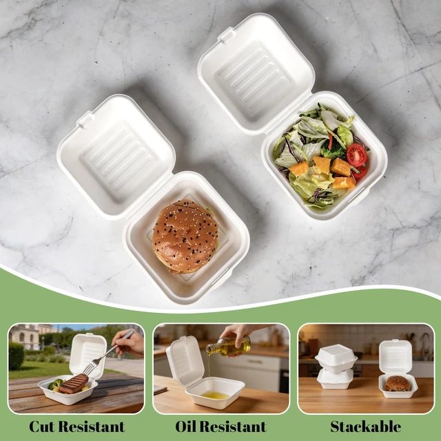Alt view image 7 of 7 - 100 Pack 6×6 Inch White Compostable Bagasse Takeout Food Containers Small To Go Disposable Lunch Box, Eco-Friendly Biodegradable Clamshell Container with Lids, for Burger, Meals, Party, Picnic