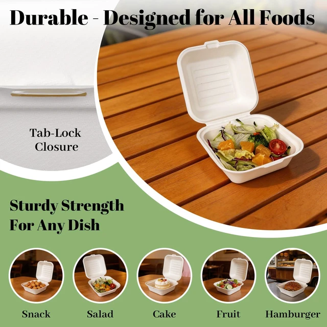 Alt view image 6 of 7 - 100 Pack 6×6 Inch White Compostable Bagasse Takeout Food Containers Small To Go Disposable Lunch Box, Eco-Friendly Biodegradable Clamshell Container with Lids, for Burger, Meals, Party, Picnic