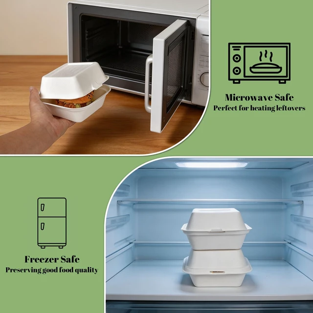 Alt view image 5 of 7 - 100 Pack 6×6 Inch White Compostable Bagasse Takeout Food Containers Small To Go Disposable Lunch Box, Eco-Friendly Biodegradable Clamshell Container with Lids, for Burger, Meals, Party, Picnic