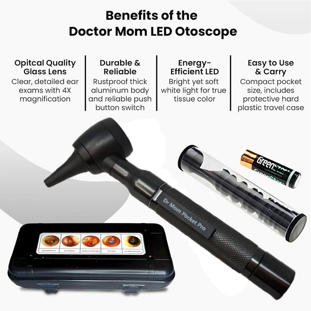 Alt view image 5 of 7 - 4th Generation LED Pocket Pro Otoscope with Both Adult and Pediatric Disposable Specula Tips, Battery, and Protective Hard Plastic Case - Black