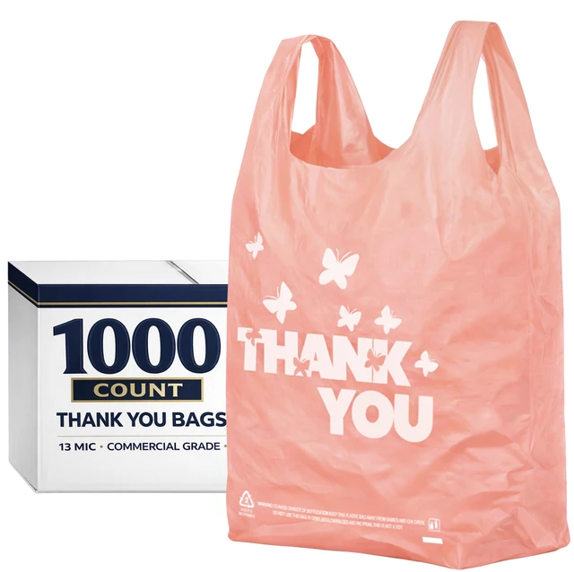 Main image of PINK Thank you bags, 1000PCS T shirt bags, To Go Bags,Grocery bags, Reusable and Disposable,Perfect for Small Business,Take Out,Retails,11"x6"x21"(1000)