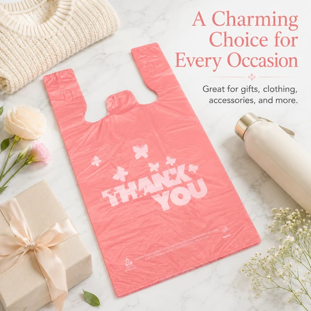 Alt view image 3 of 7 - PINK Thank you bags, 1000PCS T shirt bags, To Go Bags,Grocery bags, Reusable and Disposable,Perfect for Small Business,Take Out,Retails,11"x6"x21"(1000)