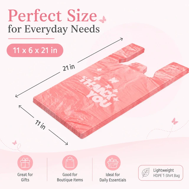 Alt view image 5 of 7 - PINK Thank you bags, 1000PCS T shirt bags, To Go Bags,Grocery bags, Reusable and Disposable,Perfect for Small Business,Take Out,Retails,11"x6"x21"(1000)