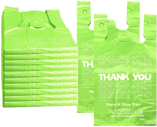 Main image of 1000 Count Green Thank You T-Shirt Bags, 11 x 6 x 21 in Durable HDPE with handles, Thank You print, carryout sacks for grocery, retail, takeout and small business
