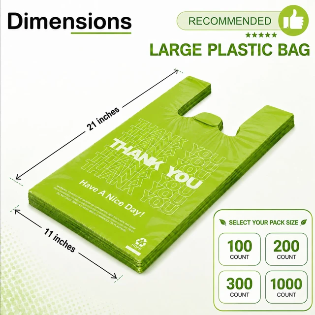 Alt view image 2 of 7 - Green Thank you bags, 200PCS T shirt bags, To Go Bags,Grocery bags, Reusable and Disposable,Perfect for Small Business,Take Out,Retail, Large