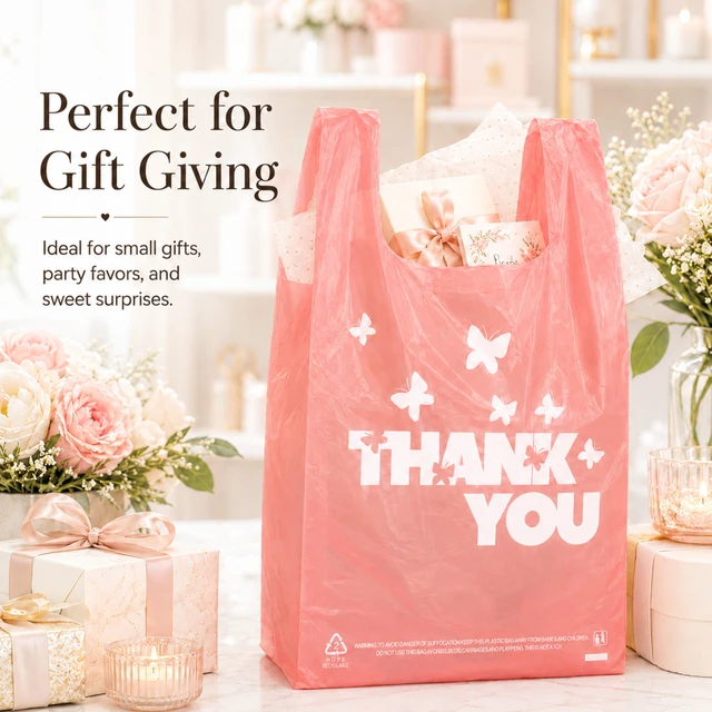 Alt view image 6 of 7 - PINK Thank you bags, 1000PCS T shirt bags, To Go Bags,Grocery bags, Reusable and Disposable,Perfect for Small Business,Take Out,Retails,11"x6"x21"(1000)