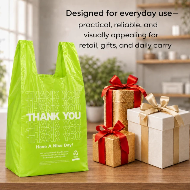 Alt view image 3 of 7 - Green Thank you bags, 200PCS T shirt bags, To Go Bags,Grocery bags, Reusable and Disposable,Perfect for Small Business,Take Out,Retail, Large