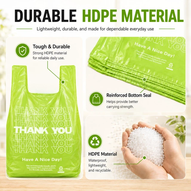 Alt view image 5 of 7 - Green Thank you bags, 200PCS T shirt bags, To Go Bags,Grocery bags, Reusable and Disposable,Perfect for Small Business,Take Out,Retail, Large
