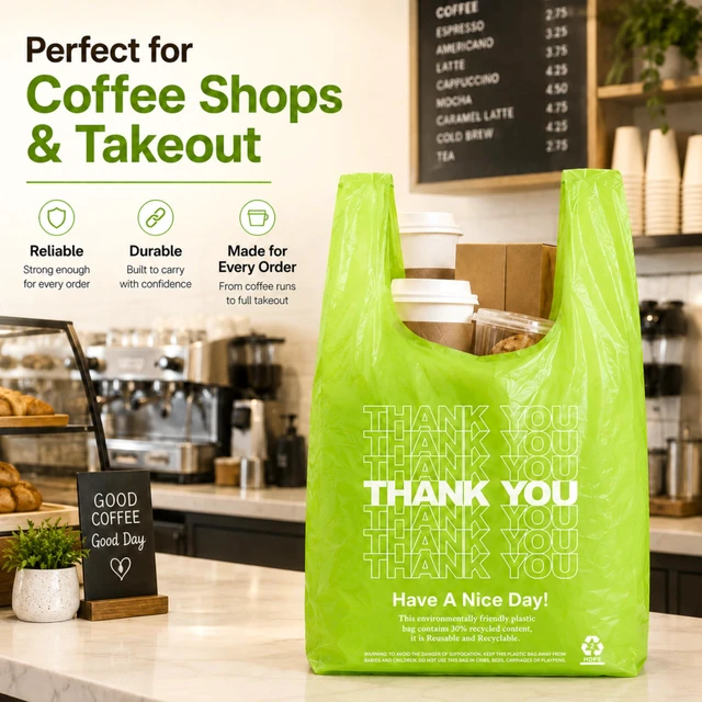 Alt view image 7 of 7 - Green Thank you bags, 200PCS T shirt bags, To Go Bags,Grocery bags, Reusable and Disposable,Perfect for Small Business,Take Out,Retail, Large