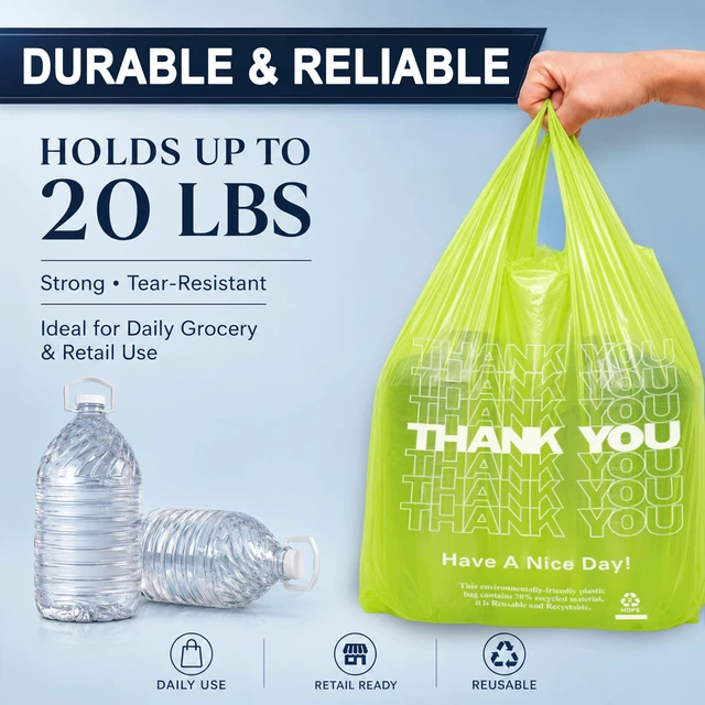 Alt view image 4 of 7 - Green Thank you bags, 200PCS T shirt bags, To Go Bags,Grocery bags, Reusable and Disposable,Perfect for Small Business,Take Out,Retail, Large