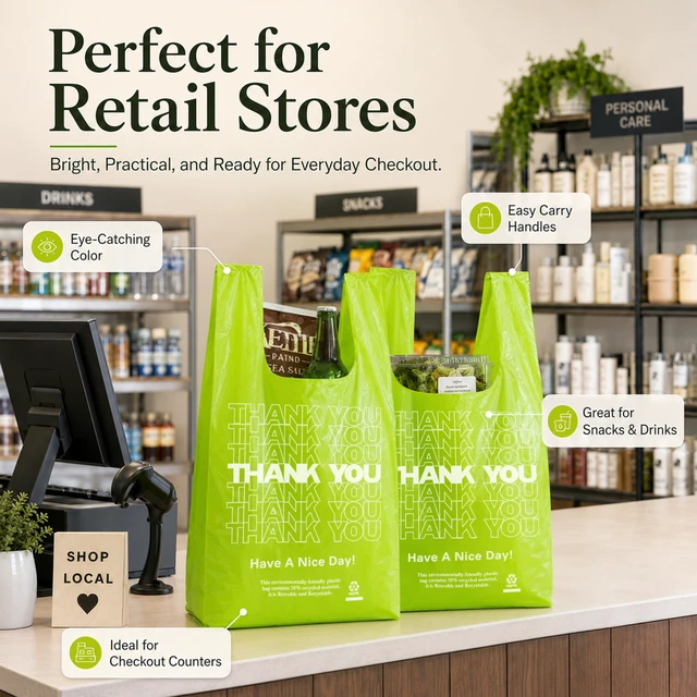 Alt view image 7 of 7 - 1000 Count Green Thank You T-Shirt Bags, 11 x 6 x 21 in Durable HDPE with handles, Thank You print, carryout sacks for grocery, retail, takeout and small business