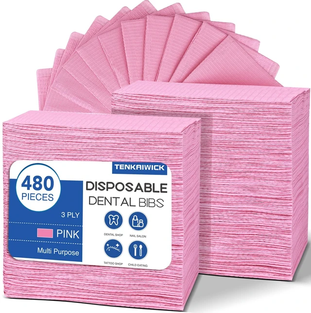Main image of 480 Pack Disposable Dental Bibs 13"x18", 3-Ply Waterproof Tattoo Bibs Sheet for Nail Salon, Dental Clinic, Feeding, Tattoo Shop (Pink)