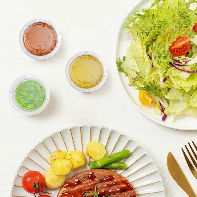 Alt view image 6 of 7 - 360 Set 2 oz Jello Shot Cups with Lids Sturdy & Food Safe Disposable Plastic Portion Condiment Dipping Sauce Cups, Small Containers for Salad Dressing
