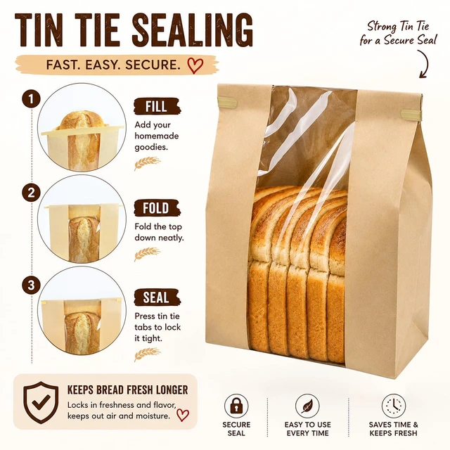 Alt view image 2 of 7 - 200 Pack Large Paper Sourdough Bread Bags with Tin Tie Tabs & 500 Stickers 14" X 8.3" X 3.5" Kraft Bags with Clear Window Bread Bags for Homemade Bread, Bakery Display, Cookies, Popcorn and Gifts
