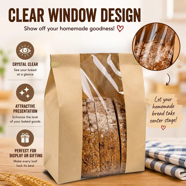Alt view image 3 of 7 - 200 Pack Large Paper Sourdough Bread Bags with Tin Tie Tabs & 500 Stickers 14" X 8.3" X 3.5" Kraft Bags with Clear Window Bread Bags for Homemade Bread, Bakery Display, Cookies, Popcorn and Gifts