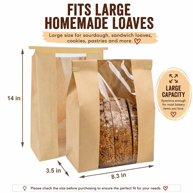 Alt view image 6 of 7 - 200 Pack Large Paper Sourdough Bread Bags with Tin Tie Tabs & 500 Stickers 14" X 8.3" X 3.5" Kraft Bags with Clear Window Bread Bags for Homemade Bread, Bakery Display, Cookies, Popcorn and Gifts