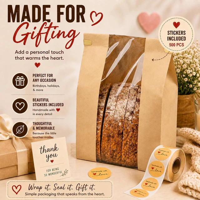 Alt view image 5 of 7 - 200 Pack Large Paper Sourdough Bread Bags with Tin Tie Tabs & 500 Stickers 14" X 8.3" X 3.5" Kraft Bags with Clear Window Bread Bags for Homemade Bread, Bakery Display, Cookies, Popcorn and Gifts