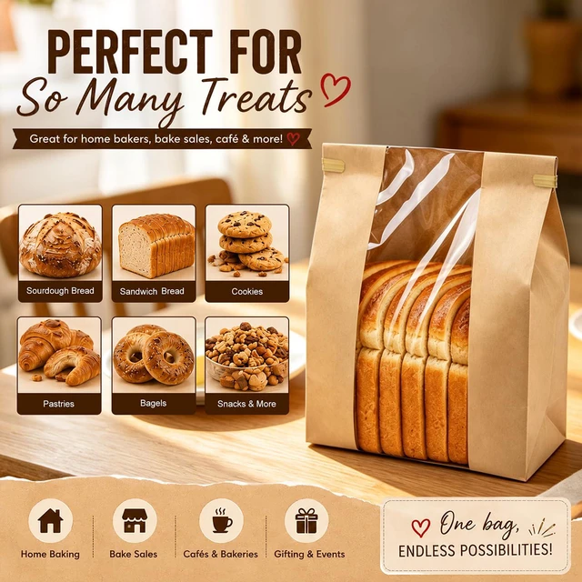 Alt view image 7 of 7 - 200 Pack Large Paper Sourdough Bread Bags with Tin Tie Tabs & 500 Stickers 14" X 8.3" X 3.5" Kraft Bags with Clear Window Bread Bags for Homemade Bread, Bakery Display, Cookies, Popcorn and Gifts