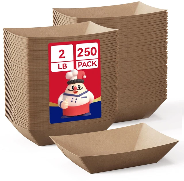 Main image of 2lb Paper Food Trays, 250 Pack Disposable Paper Boat, Serving Boats for Gameday, Food Holder Trays for Snacks French Fries Nachos Hot Dog Tacos BBQ Party
