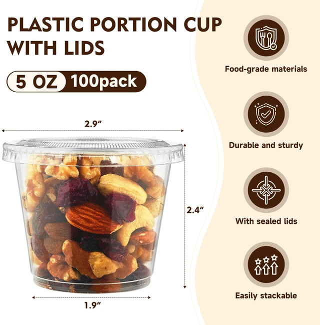 Alt view image 2 of 7 - 100 Sets - 5 oz Jello Shot Cups with Lids, Portion Cups, Clear Disposable Plastic Jello Shot Cups for Meal Prep, Salad Dressing, Soufflé, Portion Containers