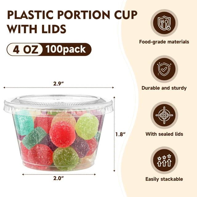 Alt view image 2 of 7 - 100 Sets - 4 oz Jello Shot Cups with Lids, Portion Cups, Clear Disposable Plastic Jello Shot Cups for Meal Prep, Salad Dressing, Soufflé, Portion Containers