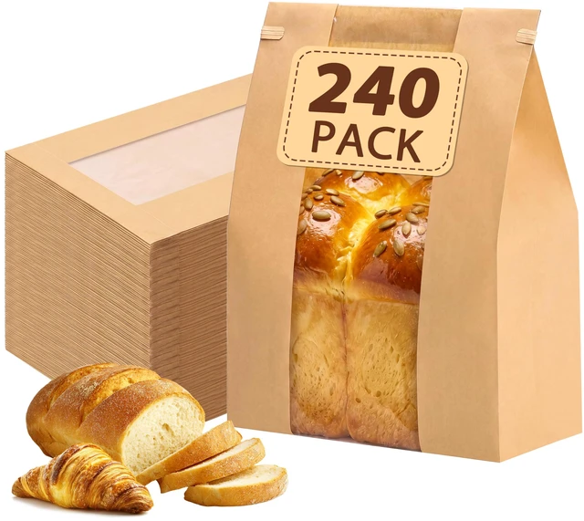 Main image of 240pcs Bread Bags for Homemade Bread with Tab, 13.7x8.3x3.5In No Stickers, Clear Front Window, Tin Tie Tab, Large Paper Sourdough Bread Bags for Home & Business Use