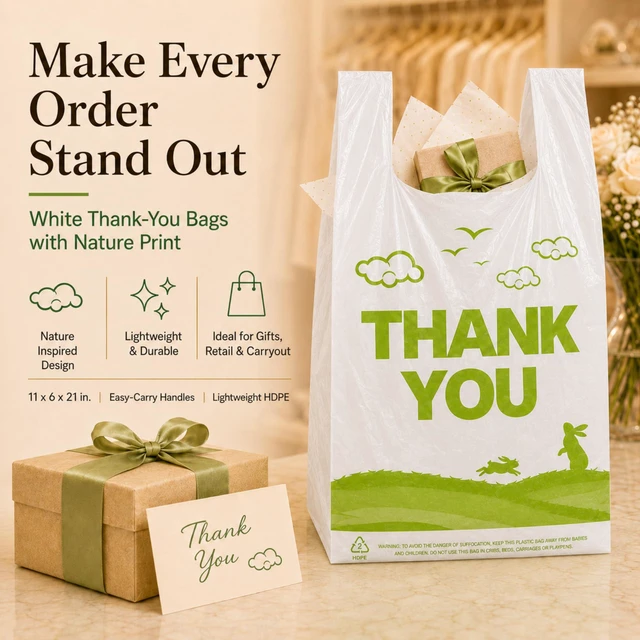 Alt view image 2 of 7 - 1000 Count White Thank You T-Shirt Bags, 11 x 6 x 21 in Durable HDPE with handles, Thank You print, reusable & disposable for grocery, retail, takeout and small business