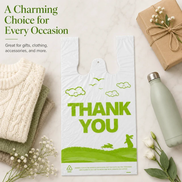 Alt view image 3 of 7 - 1000 Count White Thank You T-Shirt Bags, 11 x 6 x 21 in Durable HDPE with handles, Thank You print, reusable & disposable for grocery, retail, takeout and small business