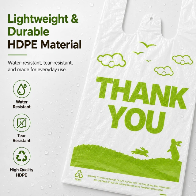 Alt view image 4 of 7 - 1000 Count White Thank You T-Shirt Bags, 11 x 6 x 21 in Durable HDPE with handles, Thank You print, reusable & disposable for grocery, retail, takeout and small business
