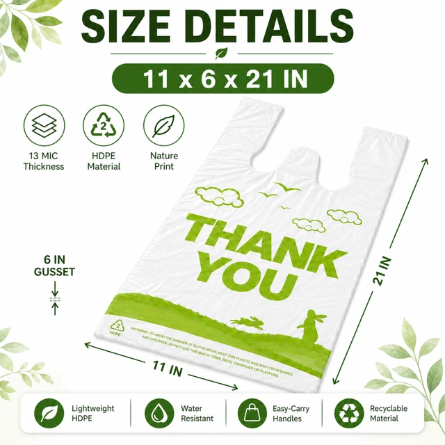 Alt view image 5 of 7 - 300 Count White Thank You T-Shirt Bags, 11 x 6 x 21 in Durable HDPE with handles, Thank You print, disposable carryout sacks for grocery, retail and takeout