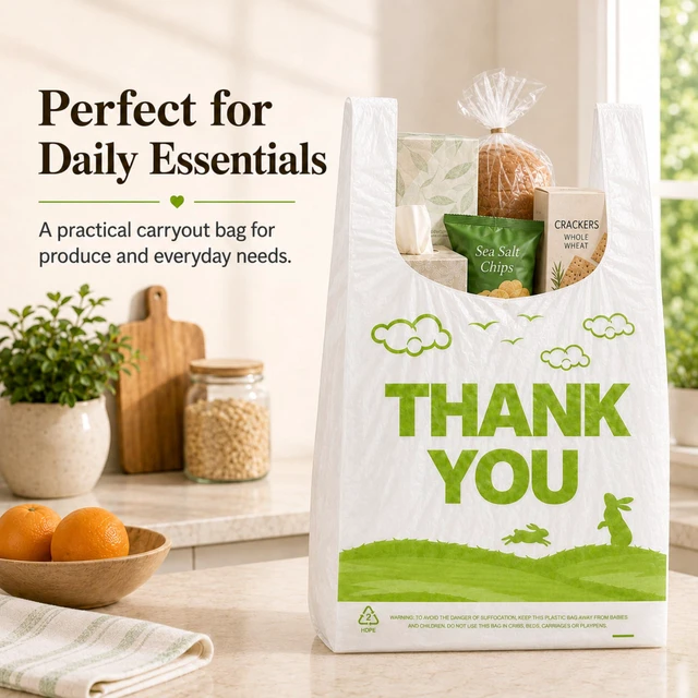 Alt view image 7 of 7 - 1000 Count White Thank You T-Shirt Bags, 11 x 6 x 21 in Durable HDPE with handles, Thank You print, reusable & disposable for grocery, retail, takeout and small business