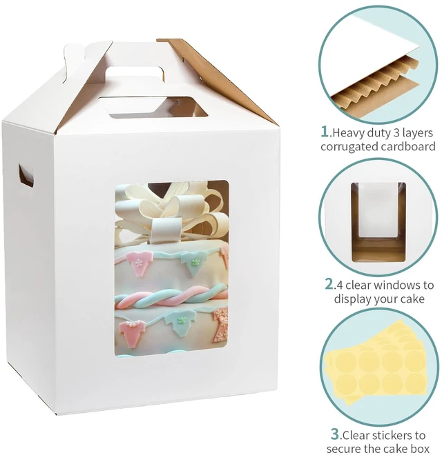 Alt view image 3 of 6 - 8 Pack Tall Cake Boxes for Tier Cakes 12x12x14 Inch with Window Large Tierd Bakery Take Out Transport Container with Handle, Disposable Layer Baking Carrier for Wedding, Birthday, Party