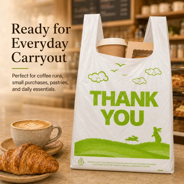 Alt view image 6 of 7 - 1000 Count White Thank You T-Shirt Bags, 11 x 6 x 21 in Durable HDPE with handles, Thank You print, reusable & disposable for grocery, retail, takeout and small business