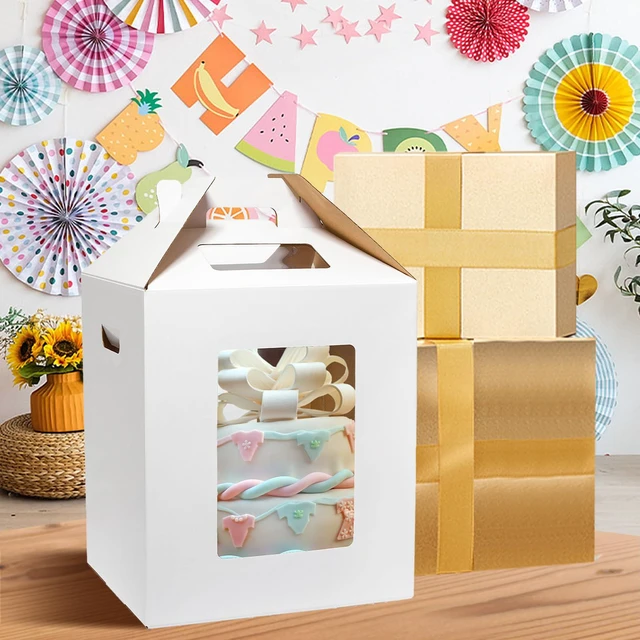 Alt view image 5 of 6 - 8 Pack Tall Cake Boxes for Tier Cakes 12x12x14 Inch with Window Large Tierd Bakery Take Out Transport Container with Handle, Disposable Layer Baking Carrier for Wedding, Birthday, Party