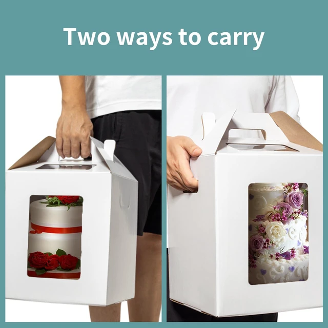 Alt view image 4 of 6 - 8 Pack Tall Cake Boxes for Tier Cakes 12x12x14 Inch with Window Large Tierd Bakery Take Out Transport Container with Handle, Disposable Layer Baking Carrier for Wedding, Birthday, Party