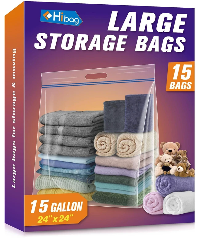 Main image of 15 Gallon Large Storage Bags, 24 x 24 Resealable Clear Bags with Handle, Extra Large XL Heavy Duty for Clothes Pillow Travel Moving, Pack of 15