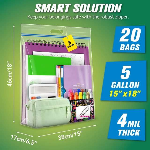 Alt view image 2 of 6 - 5 Gallon Large Storage Bags, 15 x 18 Resealable Clear Bags with Handle, Extra Large XL Heavy Duty for Clothes Pillow Travel Moving, Pack of 20