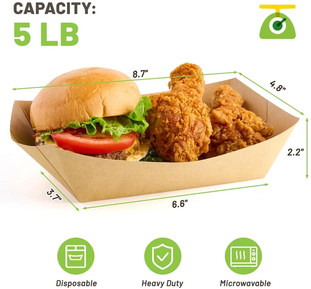 Alt view image 2 of 7 - 50 Pack 5 LB Extra Large Paper Food Trays Disposable, Kraft Paper, Nacho Trays, Food Boats, Party Serving Baskets, For Sandwiches Burgers Popcorns Snacks